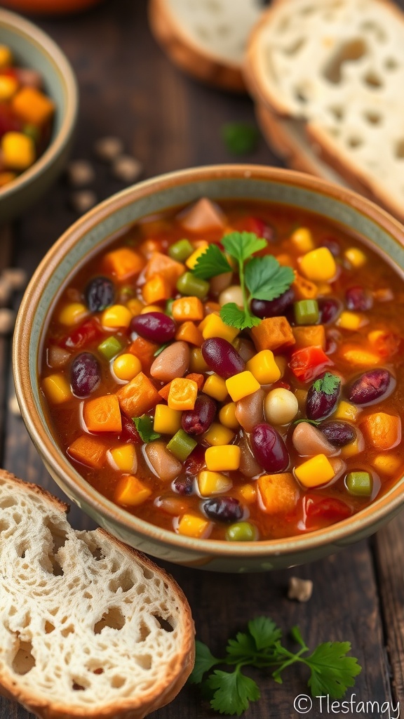 A bowl of hearty vegan chili with beans, corn, and bell peppers, garnished with cilantro on a rustic table.